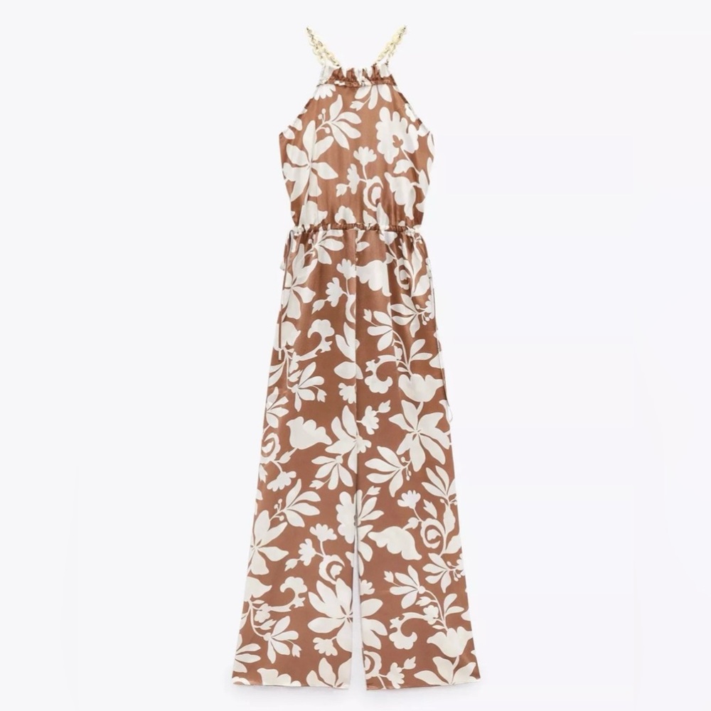 Zara Printed Jumpsuit Floral Satin Wide Leg With Neck Chains Blogger Fave - Picture 2 of 7